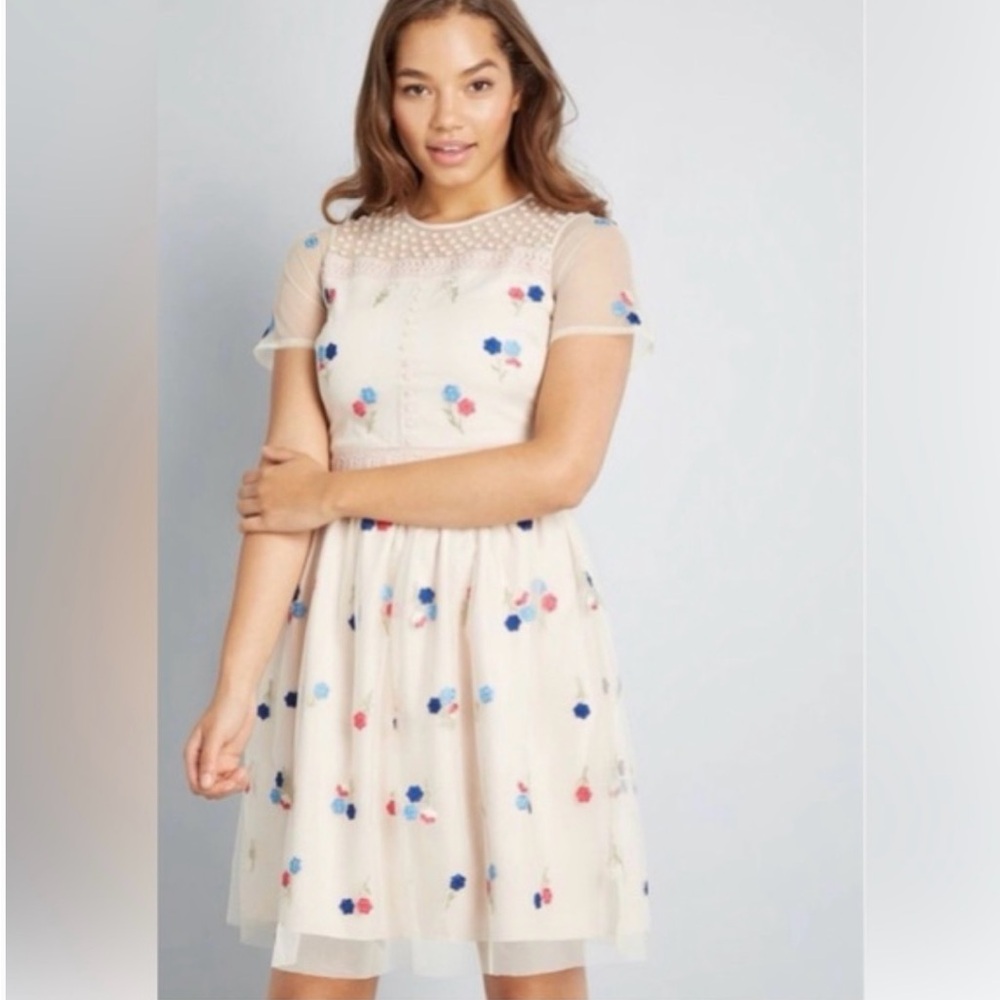 Modcloth cream A-Line Sundress with embroidery and Flutter Sleeves. Fully lined